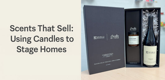 real estate box with candle and custom wine bottle