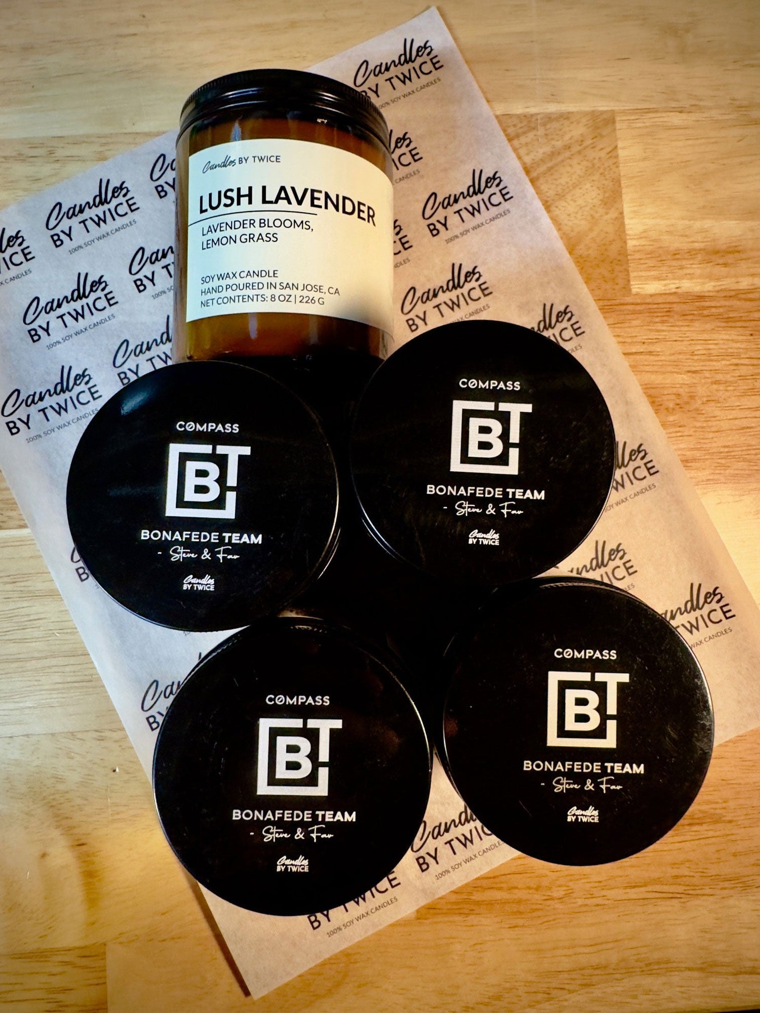 5 100% soy wax candles with custom engraving on lid